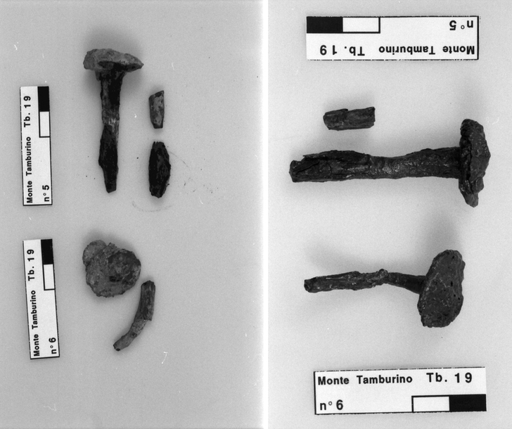 chiodo in ferro in tre frammenti prima e dopo il restauro